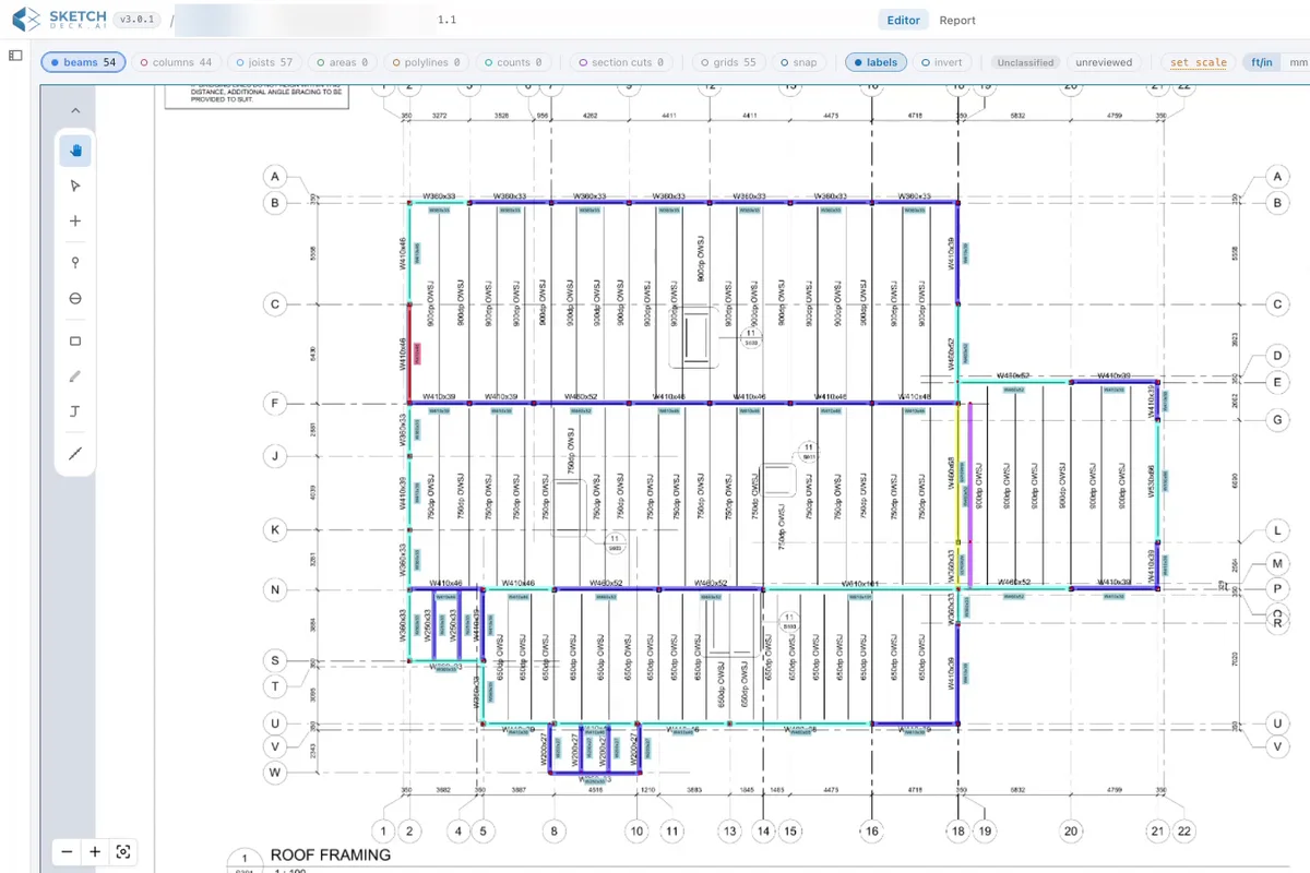 SketchDeck 3.0 with every beam, column and joist on a roof framing plan detected, sized and counted